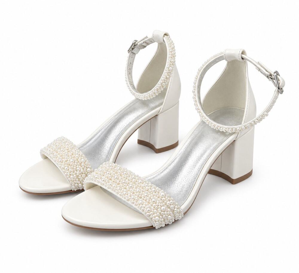 Women’s Size 37 White Pearl Beaded Block Heel Sandals Bridal Wedding Shoes